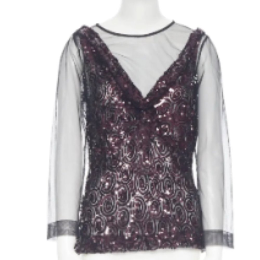 Dries Van Noten Carti black net mesh purple sequins layered top